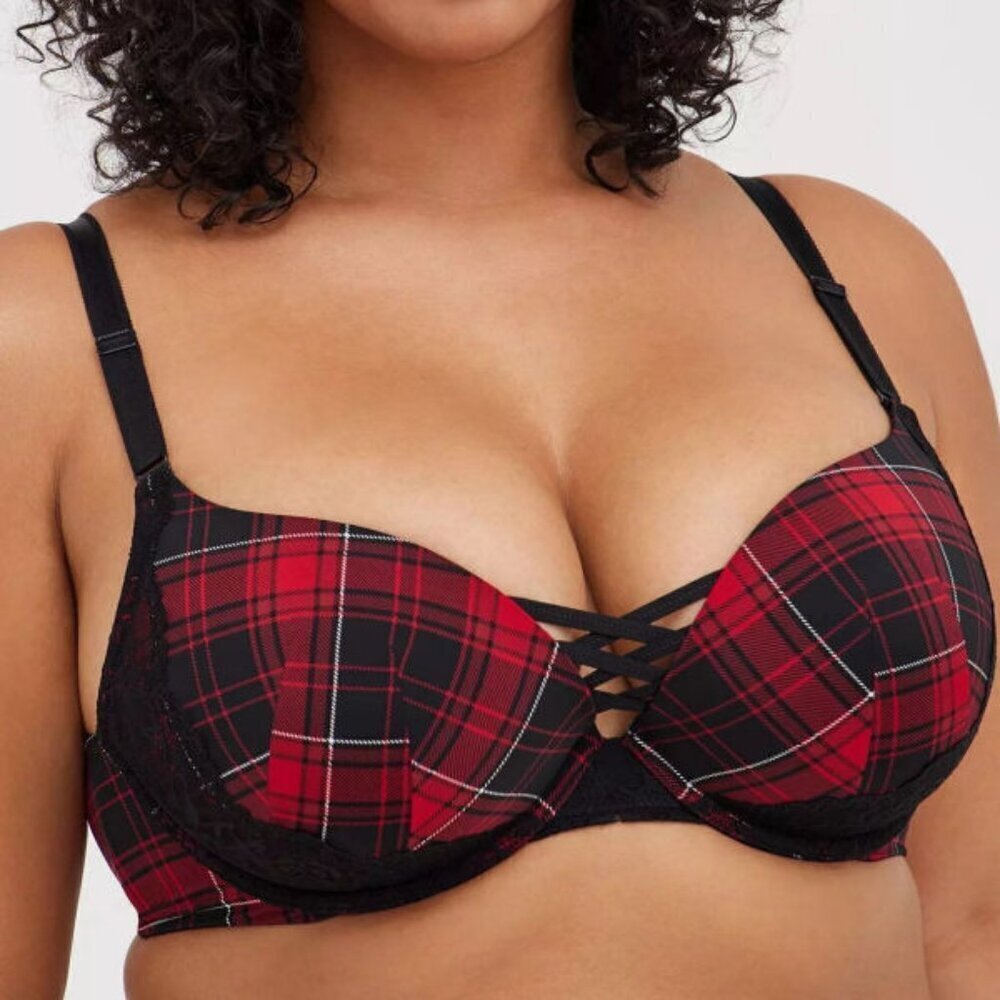 Torrid Bra Size 46D Push Up Plunge Back Smoothing Underwire NY Tartan Coquette